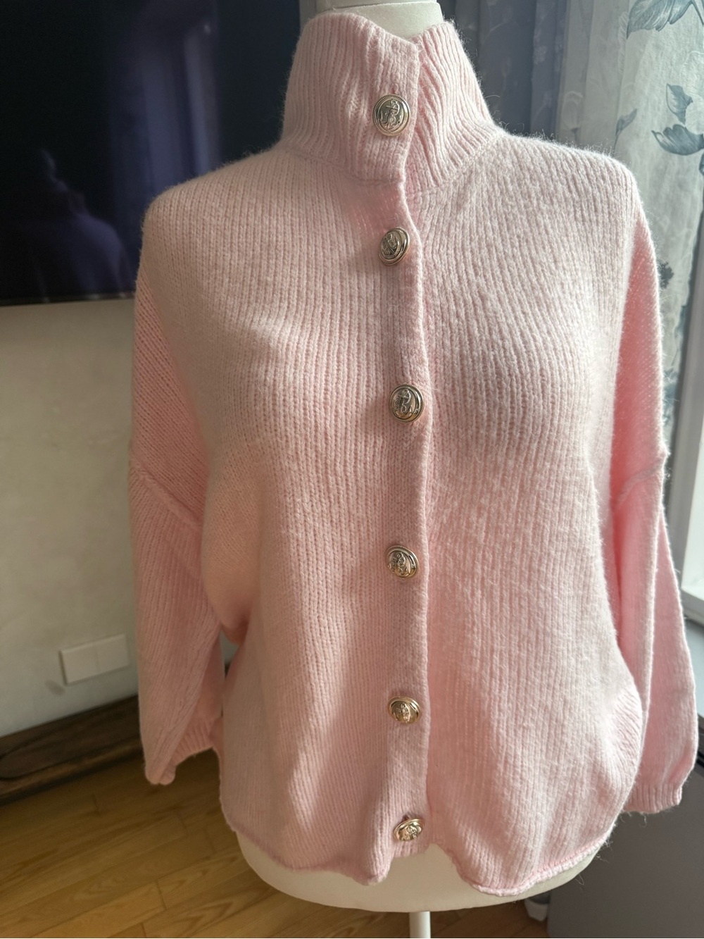 Amisu Soft Pink Button-Up Ribbed Knit Cardigan